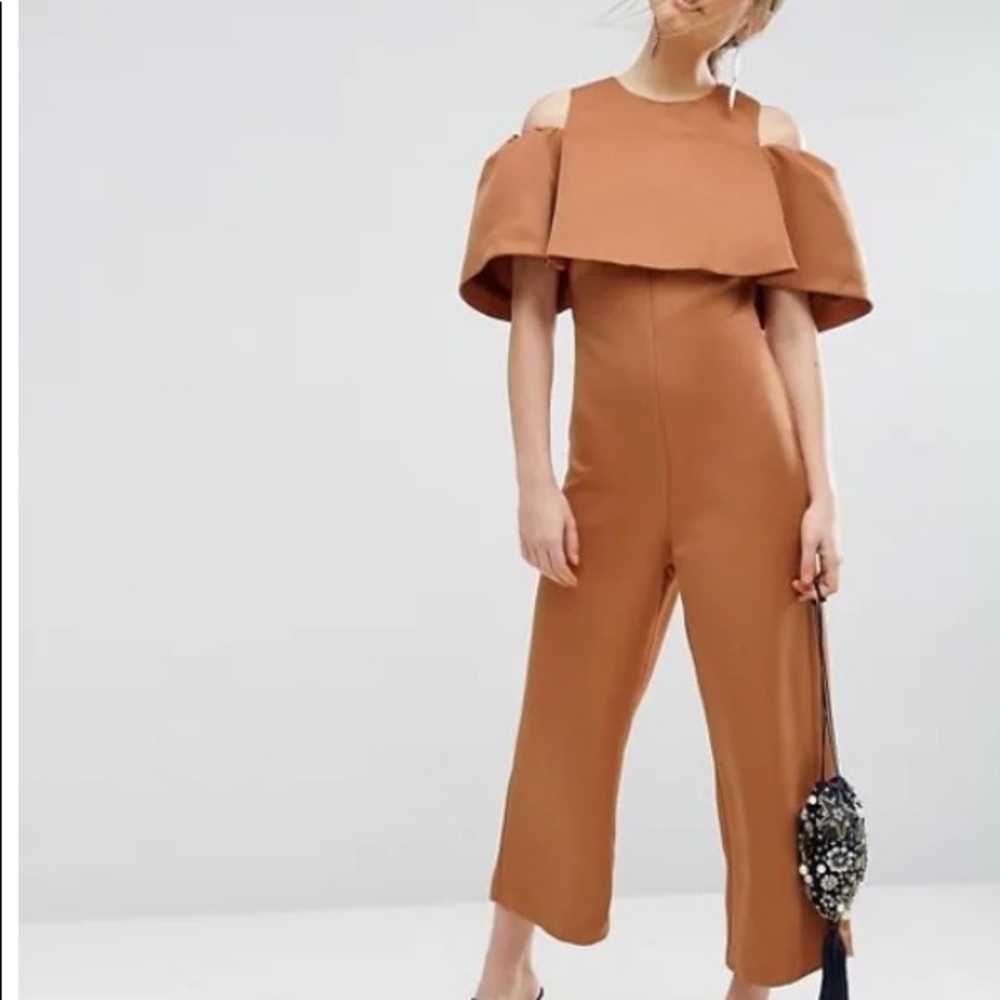 ASOS Bonded Off Shoulder Gold Jumpsuit Size 4